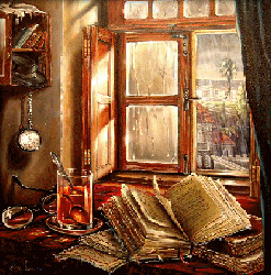 Un libro abierto en una mesa, a su lado unas gafas y un té. La ventana abierta hace que las hojas pasen. También se ve una estantería con un reloj de bolsillo colgado.